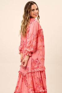 Yacamim E15 Pink Printed Long Sleeve Midi Shirt Dress