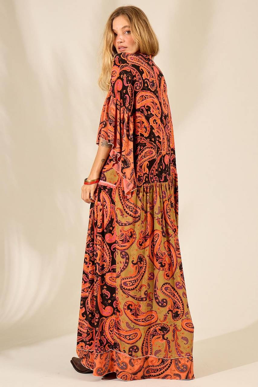 Yacamim Orange Cashmere Patchwork Print Long Shirt Dress