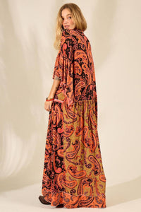 Yacamim Orange Cashmere Patchwork Print Long Shirt Dress