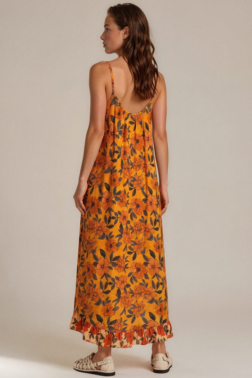 Vestido Midi De Alças Reguláveis Laranja Floral Patchwork Yacamim E7