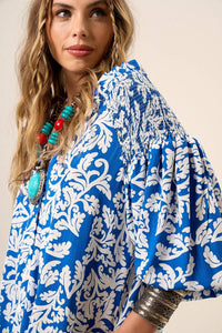 Yacamim Blue Printed Long Shirt Dress with 3/8 Raglan Sleeves