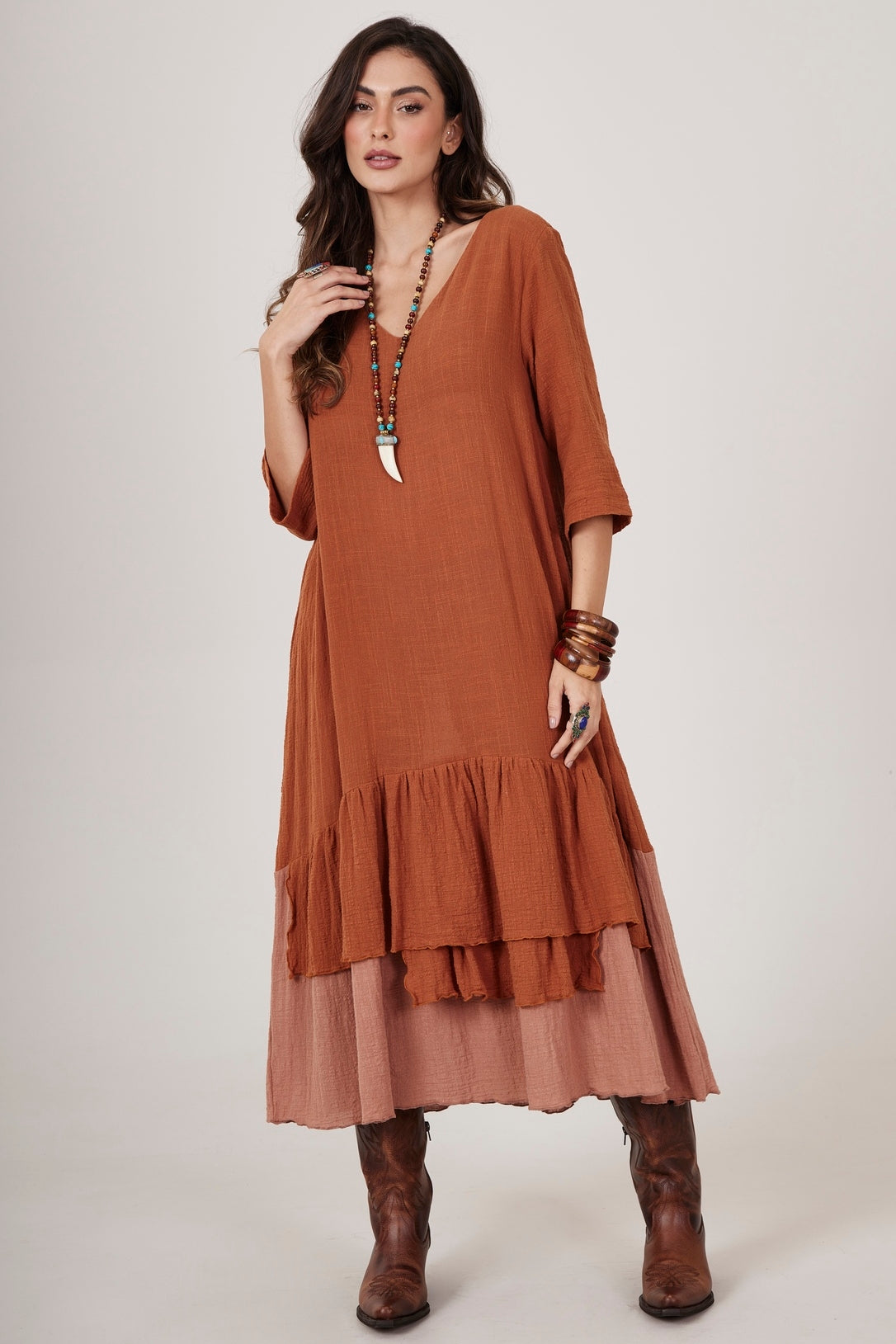 Yacamim Dark Caramel Midi Dress C22