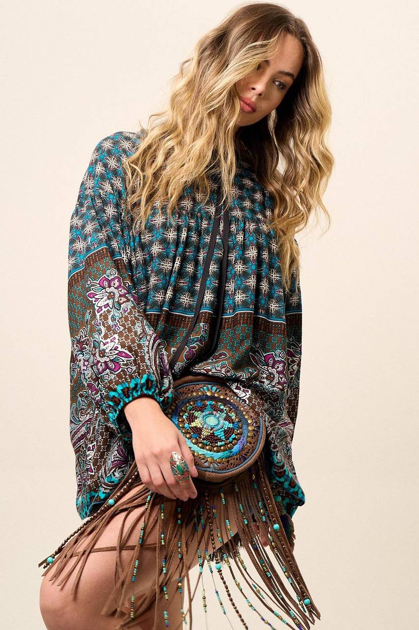 Yacamim Loose Robe with Long Billowy Sleeves and Cashmere Print B2