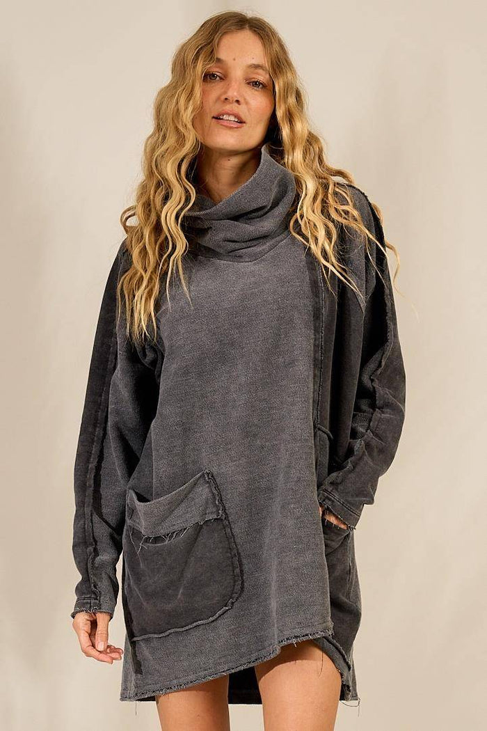 Yacamim B14 Graphite Long High-Neck Oversized Blouse