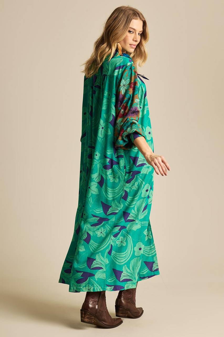 Long Patchwork Yacamim Green P4 Puff-Sleeve Shirt
