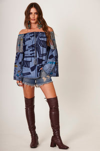 Yacamim Women's Gypsy Blouse with Flared Sleeves Blue Patchwork B21