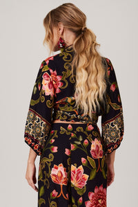 Black Printed Wrap Cropped Top with Ties Yacamim A33