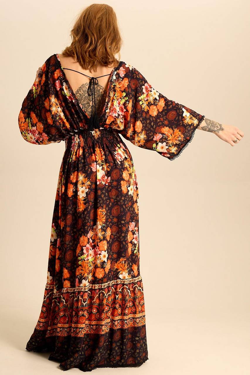 Yacamim Floral Print V-Neck Long Dress with Smocked Bodice