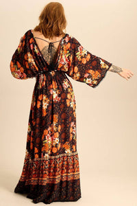 Yacamim Floral Print V-Neck Long Dress with Smocked Bodice
