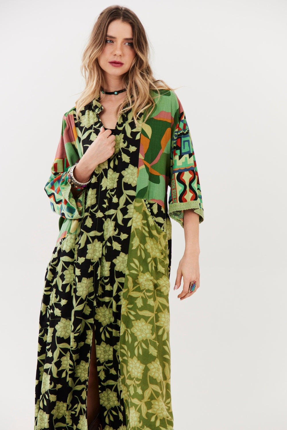 Yacamim J3 Green Patchwork Midi Kimono
