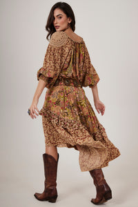 Light Brown Ruffled Midi Dress Patchwork Yacamim C5