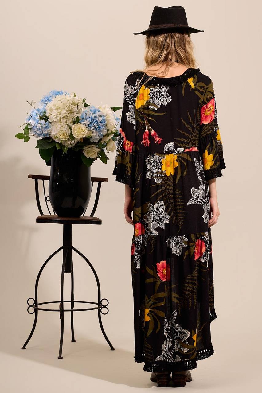 Yacamim C18 Printed Black Mullet Dress with Fringed Cuffs and Hem
