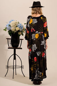 Yacamim C18 Printed Black Mullet Dress with Fringed Cuffs and Hem