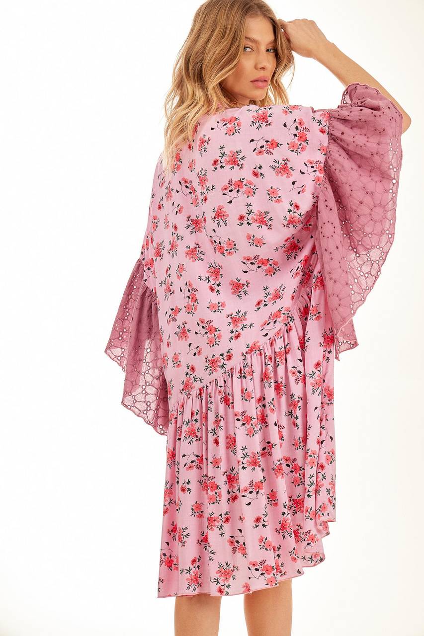 Yacamim Pink Patchwork Short Chemise Dress with Asymmetrical Ruffles