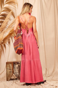 Yacamim Pink Linen Long Dress with Tie Straps