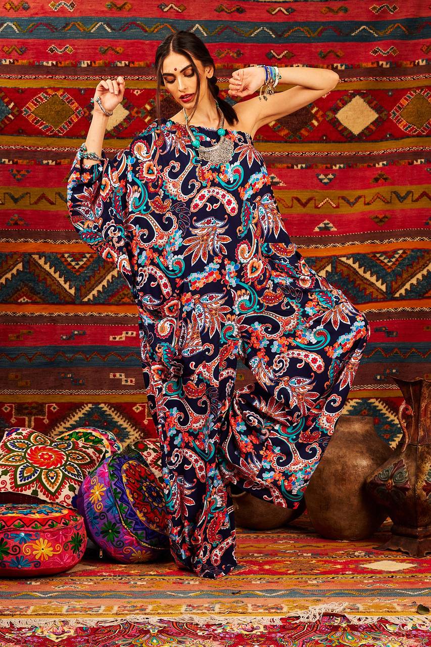 Blue One-Shoulder Cashmere Print Wide-Leg Jumpsuit Yacamim