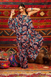Blue One-Shoulder Cashmere Print Wide-Leg Jumpsuit Yacamim