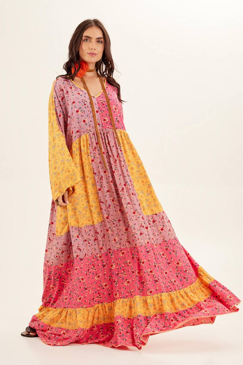 Yacamim Pink and Yellow Patchwork Flowy Long Dress with Flowy Sleeves
