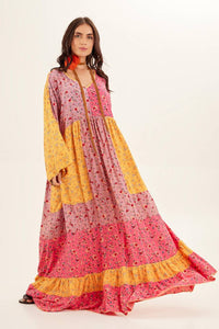 Yacamim Pink and Yellow Patchwork Flowy Long Dress with Flowy Sleeves