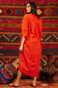 Yacamim Orange Broderie Folded Sleeve Midi Shirt Dress