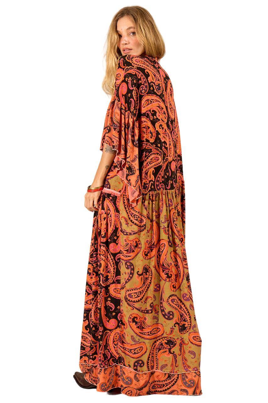 Yacamim Orange Cashmere Patchwork Print Long Shirt Dress