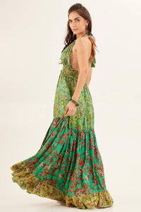 Yacamim Green Patchwork Halter Neck Maxi Dress