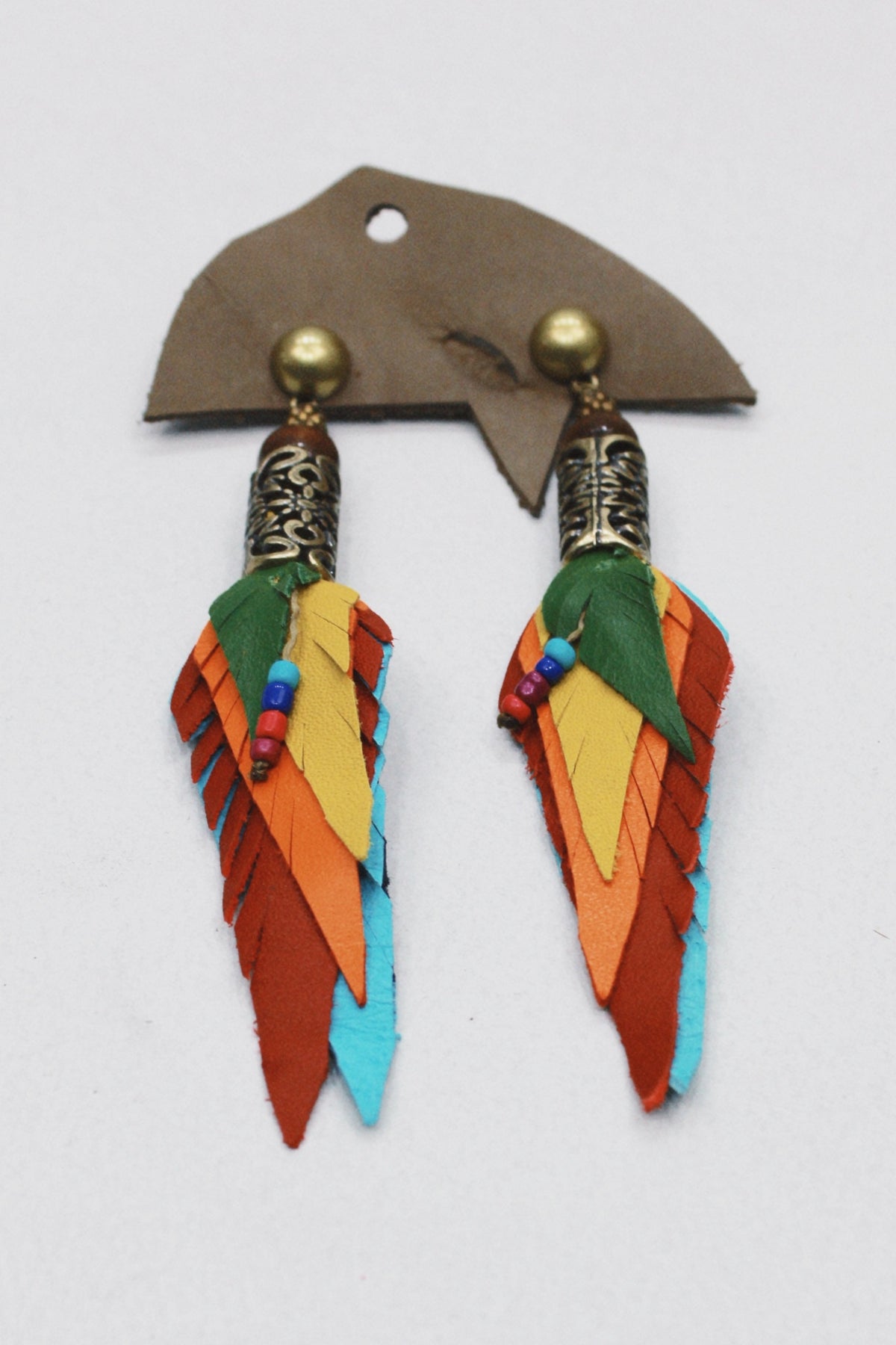 Handmade Colorful Leather Earring with Worked Metal Yacamim #507