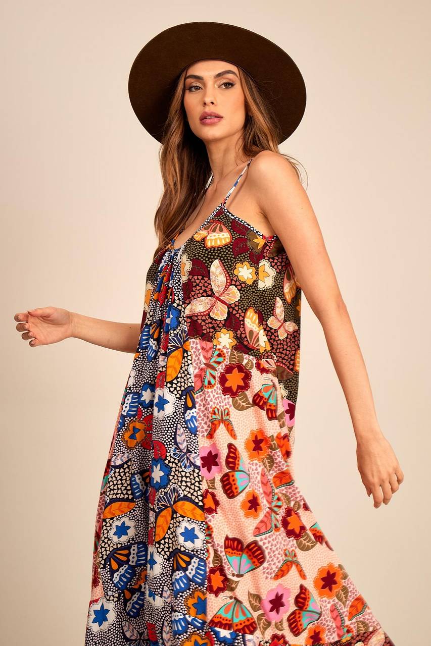 Yacamim D27 Printed Patchwork Long Dress with Adjustable Straps