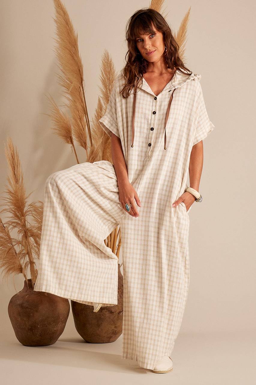 Yacamim Beige Plaid Long Jumpsuit