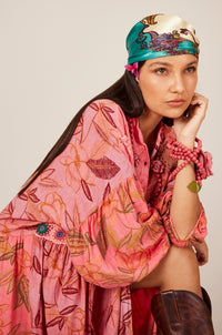 Women's Long Dress with Pink Patchwork Crochet Yacamim D14