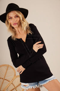 Yacamim Women's Black Basic Ribbed Long Sleeve Blouse