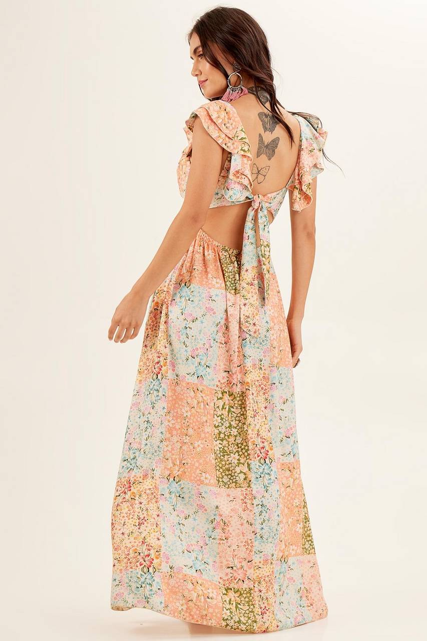 Yacamim D2 Beige Printed V-Neck Long Dress