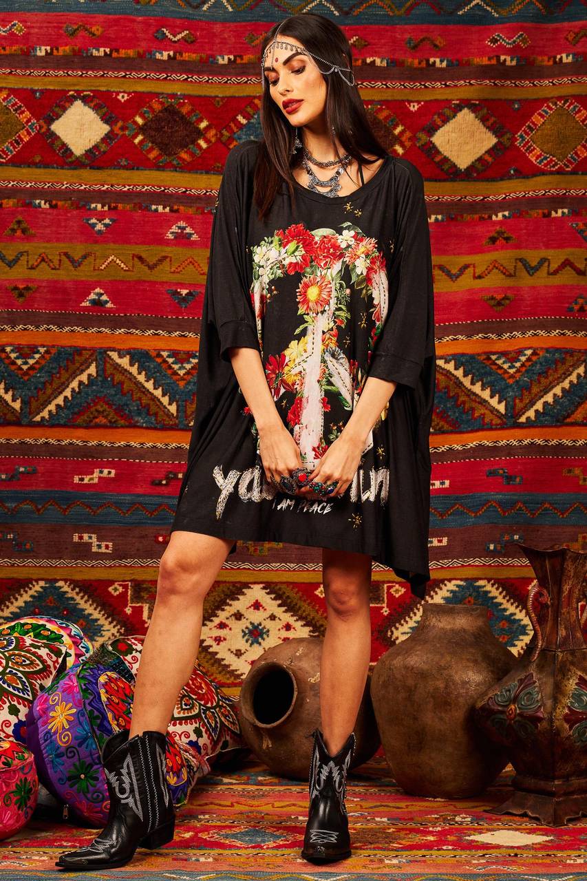 Yacamim Black Straight-Cut Tunic with Exclusive Peace and Love Print
