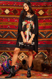 Yacamim Black Straight-Cut Tunic with Exclusive Peace and Love Print