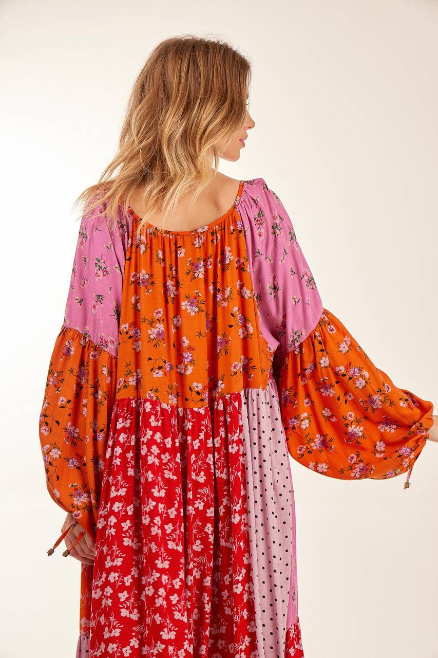 Yacamim Pink Patchwork Wide Long Dress with Puffed Long Sleeves<br />
<p>
</p>