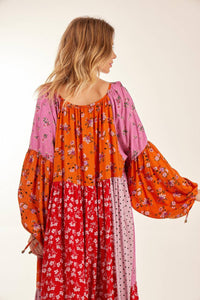 Yacamim Pink Patchwork Wide Long Dress with Puffed Long Sleeves<br />
<p>
</p>