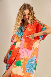 Yacamim Printed Red Long Shirt with Short Sleeves