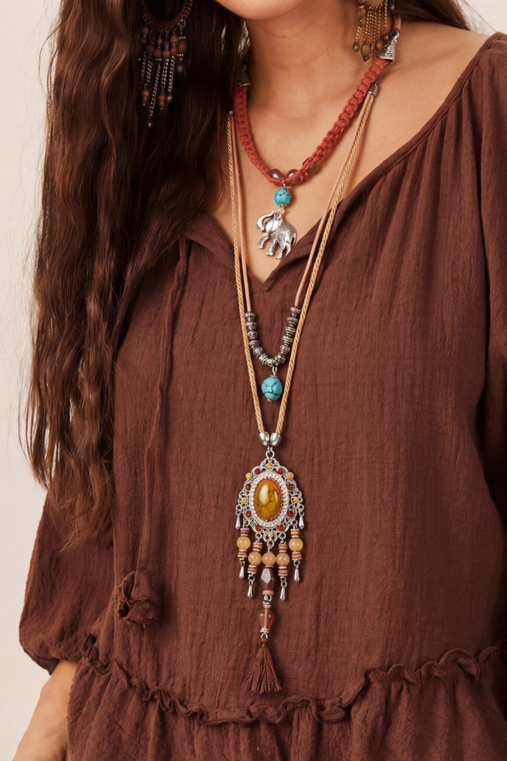 Handmade Rope Necklace with Stone Pendants #1034
