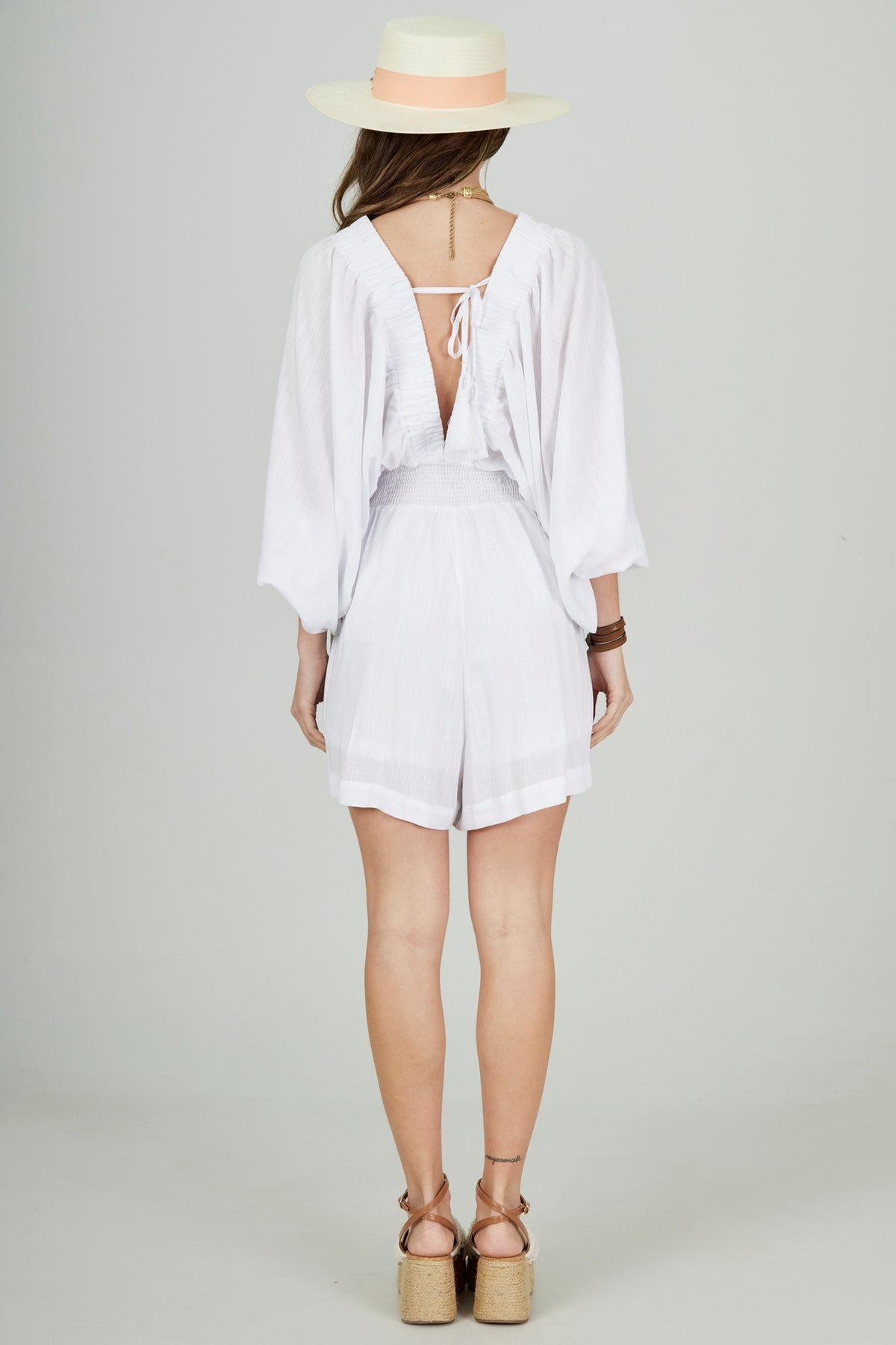 White Yacamim O4 Short Romper with Wrap Neckline