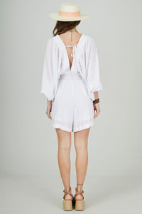 White Yacamim O4 Short Romper with Wrap Neckline