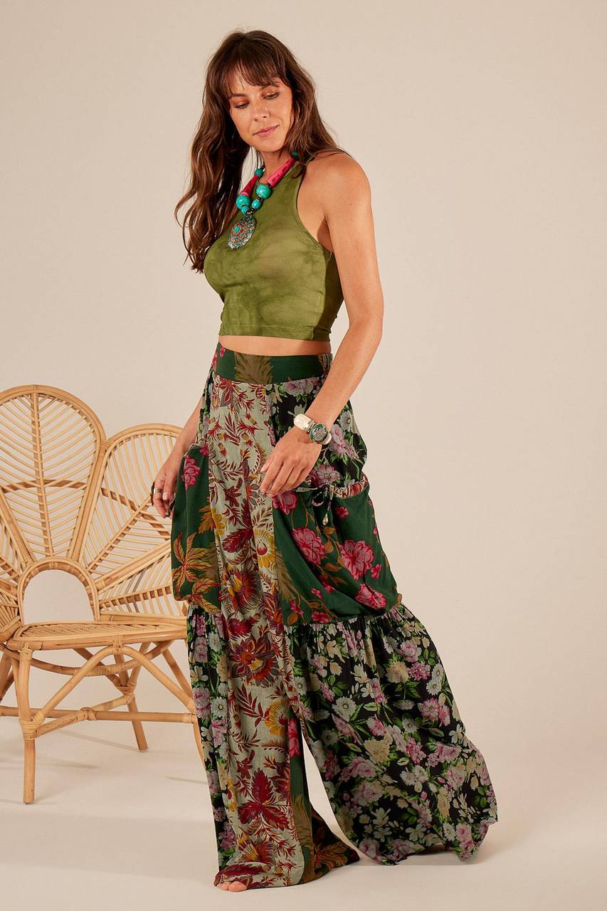 Dark Green High-Waisted Palazzo Pants Patchwork Yacamim H7