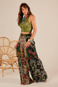 Dark Green High-Waisted Palazzo Pants Patchwork Yacamim H7