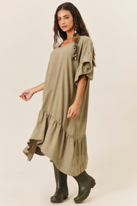 Vestido Midi De Viscolinho Com Pontas Verde Oliva Yacamim E23