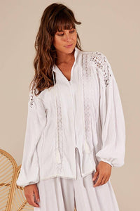 Yacamim White A29 Oversized Blouse with Puffy Sleeves and Lace Details