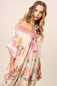 Yacamim E15 Light Rosé Printed Long Dress with Lace Detail