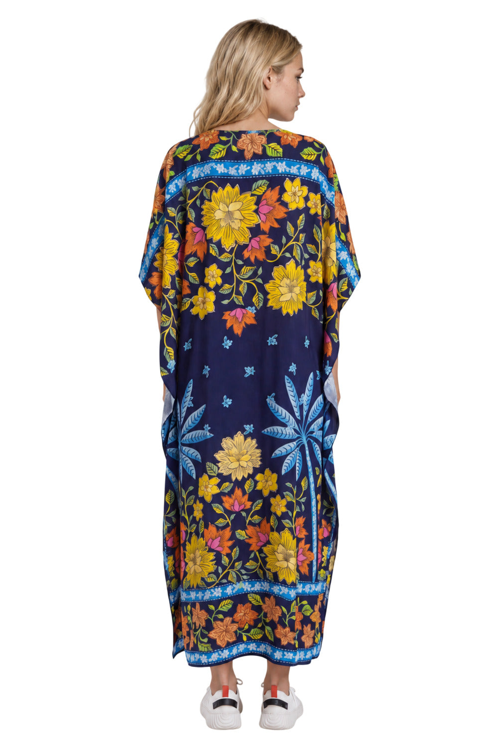 Kaftan Amplo Midi Decote Canoa Azul Marinho Estampado Yacamim J9