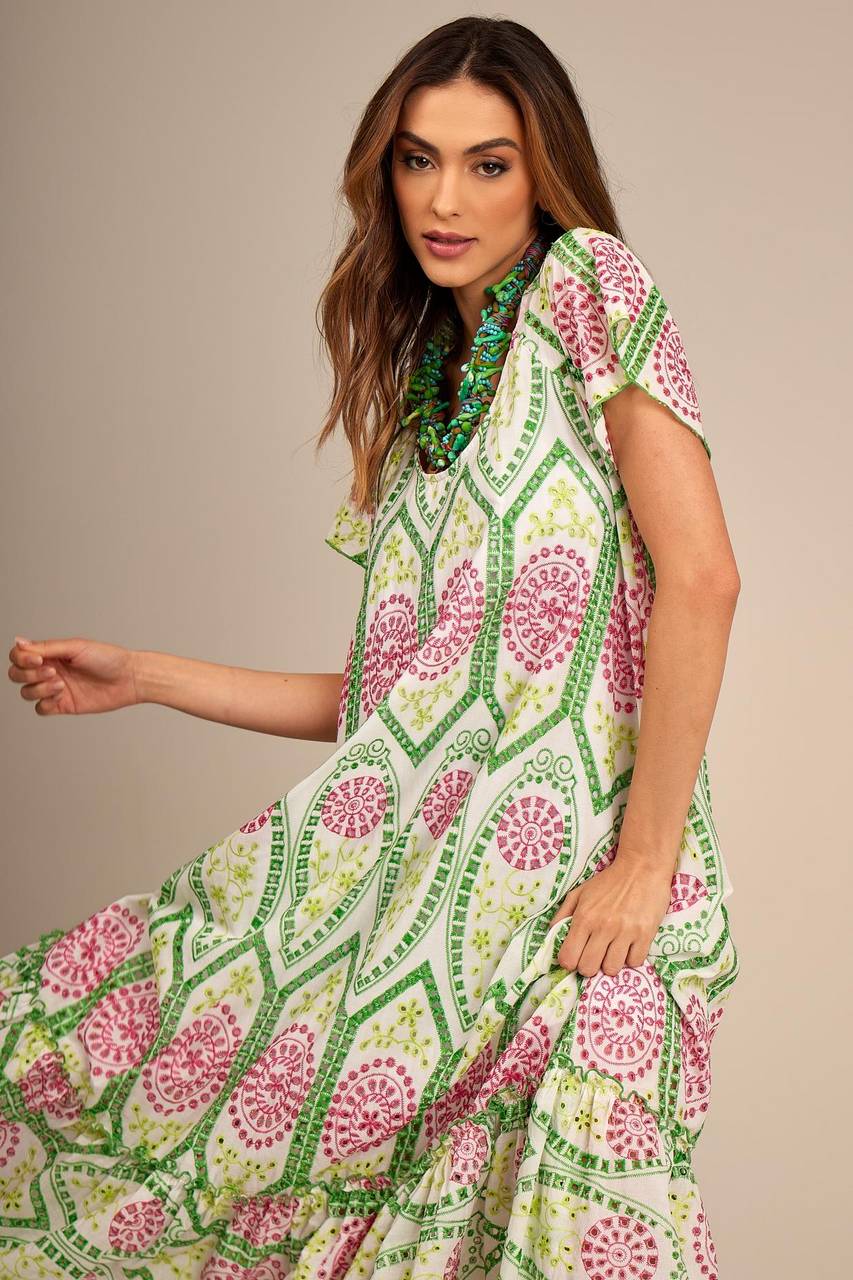 Yacamim Women's White Broderie Anglaise Maxi Dress with Pink and Green Embroidery D6