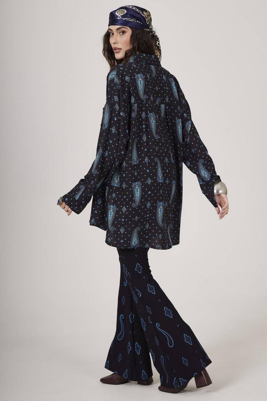 Yacamim A17 Navy Blue High-Waisted Flare Cashmere Pants