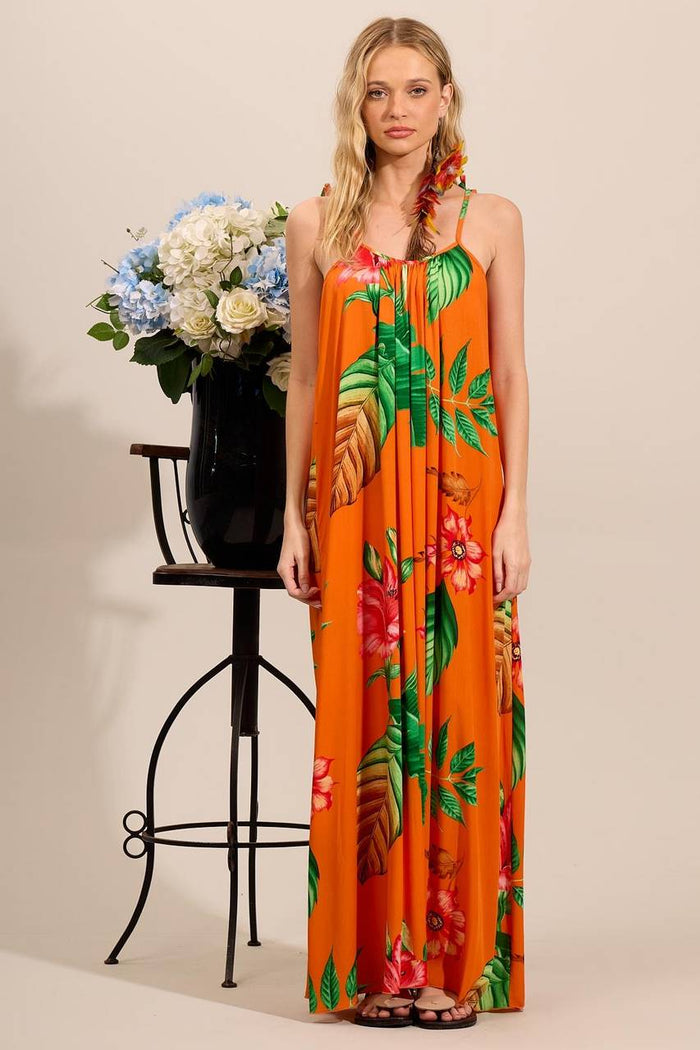 Yacamim Printed Orange Long Dress with Tie Straps