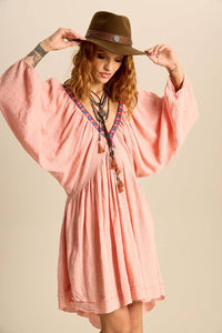 Yacamim E19 Rosé Ruched V-neck Mini Dress